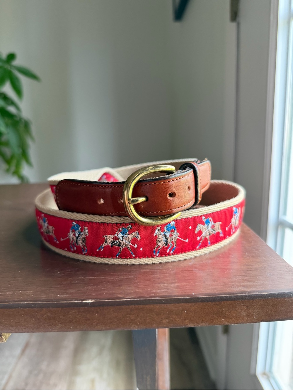 Jos. A. Bank Red Equestrian Ribbon Belt with Brown Leather and Gold Buckle